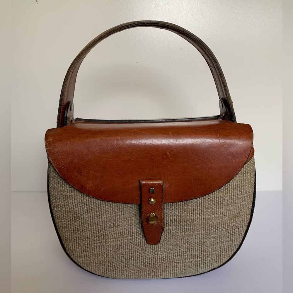 Vintage 60-70’s ETIENNE AIGNER Cognac Leather & Tweed Double Flap Purse Handbag